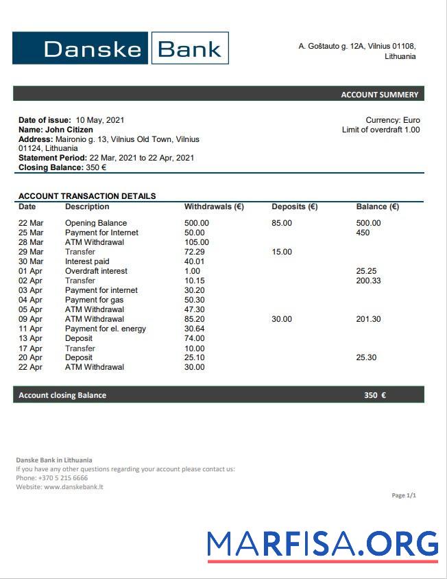 Blank Lithuania (Litva) Danske bank statement word download for verification